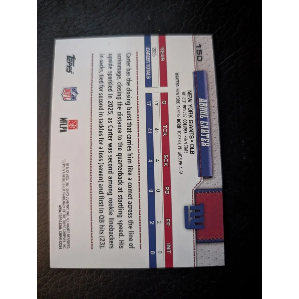 2026 Topps Abdul Carter New York Giants Rainbow Foil All-Rookie Team Card 150